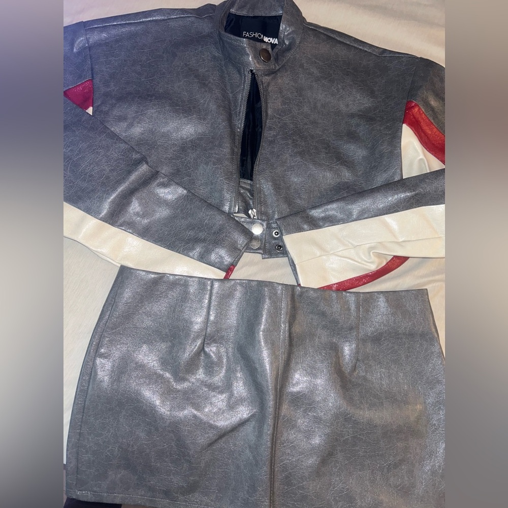 Faux leather skirt set M cropped jacket and L micro mini skirt only worn once